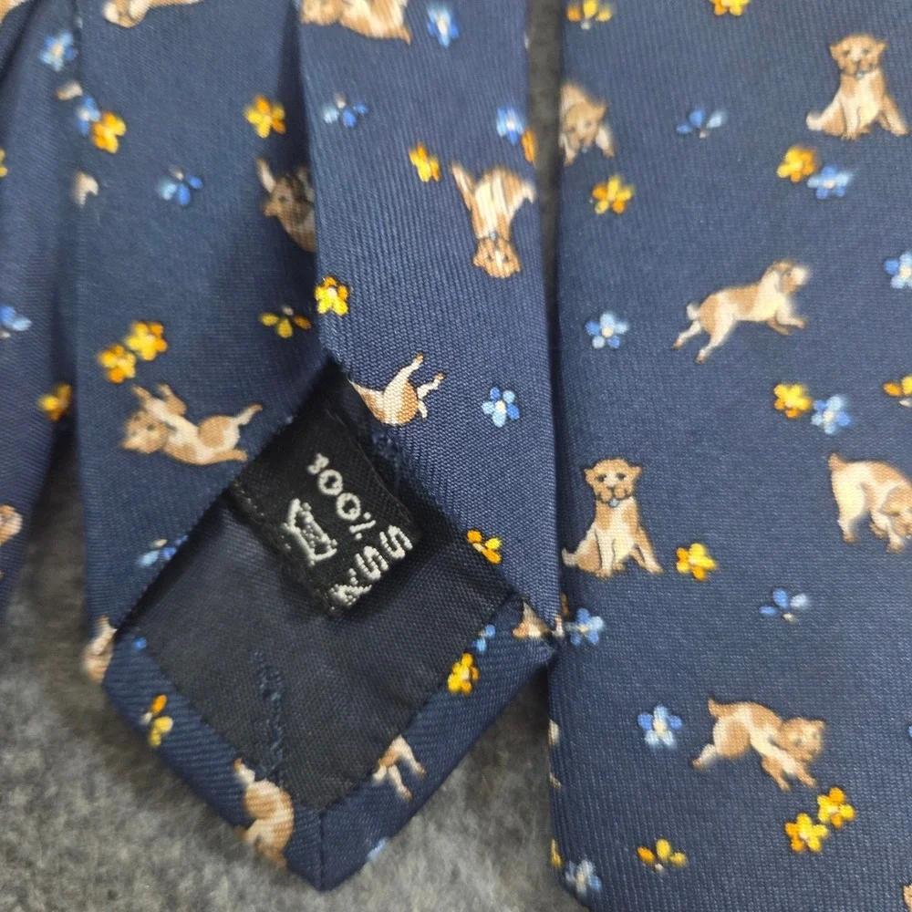 Salvatore Ferragamo Mens Silk Tie Navy Puppy Dog Floral Animal Print Italy